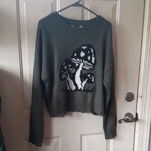 No Boundaries Dark green Knit Sweater With Mushrooms